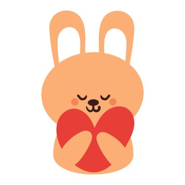 Sevimli el, elinde kalp tutan çizgi film tavşanı çiziyor. Sevimli hayvan çizgi filmi. karalama etiketi