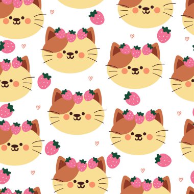 seamless pattern cartoon cat with strawberry. cute animal wallpaper illustration for gift wrap paper