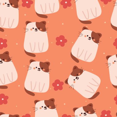 Kusursuz desenli karikatür kedi ve çiçek. Tekstil için sevimli hayvan duvar kağıdı, hediye paketi kağıdı