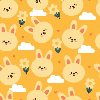 Kusursuz desenli çizgi film tavşanı ve çiçek. Tekstil için sevimli hayvan duvar kağıdı, hediye paketi kağıdı