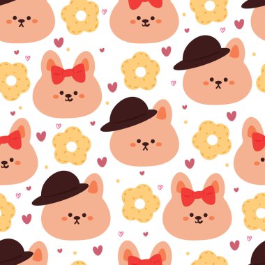 Kusursuz desenli çizgi film tavşanı ve çiçek. Tekstil için sevimli hayvan duvar kağıdı, hediye paketi kağıdı