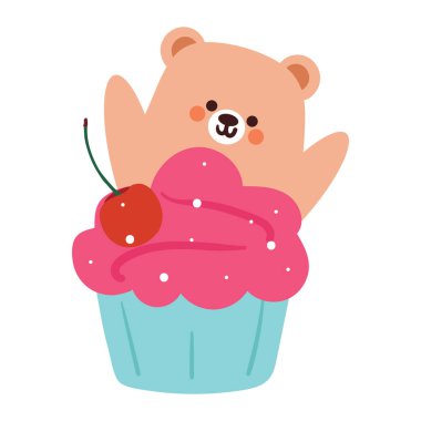 cute hand drawing cartoon bear with strawberry cupcake. cute animal sticker with cute dessert. cute doodle clipart