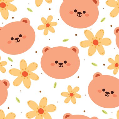 Kusursuz desenli çizgi film ayısı ve çiçek. Tekstil için sevimli duvar kağıdı, hediye paketi kağıdı