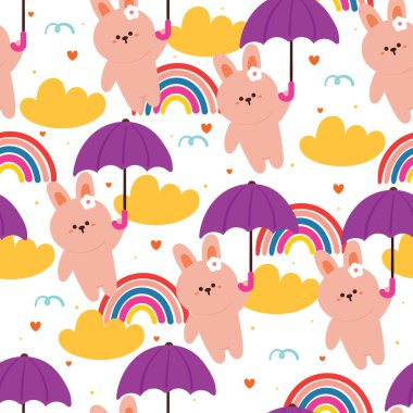 Şemsiyeyle oynayan kusursuz desenli çizgi film tavşanı. Gökyüzü elementi ve şemsiyesi olan sevimli hayvan duvar kağıdı