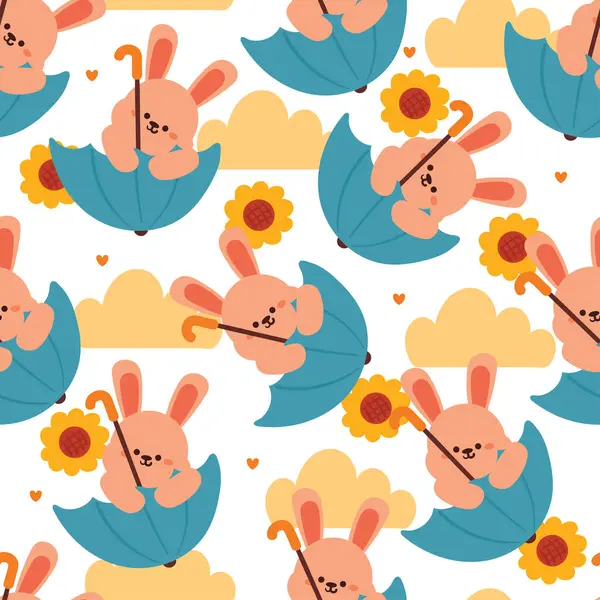 Şemsiyeyle oynayan kusursuz desenli çizgi film tavşanı. Gökyüzü elementi ve şemsiyesi olan sevimli hayvan duvar kağıdı