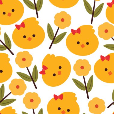 Kusursuz desenli, çiçekli ve yapraklı tatlı bir piliç. Tekstil için sevimli hayvan duvar kağıdı, hediye paketi kağıdı