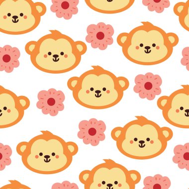 Kusursuz desenli şirin çizgi film maymunu ve çiçek. Tekstil ve kumaş baskısı için şirin duvar kağıtları