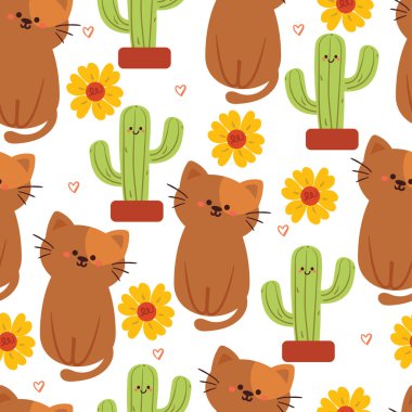 Kusursuz desenli karikatür kedi ve çiçek. Tekstil için sevimli hayvan duvar kağıdı, hediye paketi kağıdı