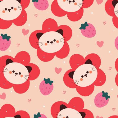 Kusursuz desenli karikatür kedi ve çiçek. Tekstil için sevimli hayvan duvar kağıdı, hediye paketi kağıdı