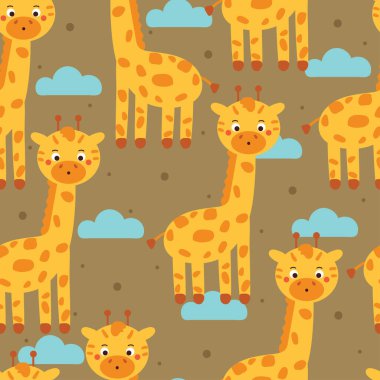 Gökyüzü elementi olan kusursuz desenli zürafa. Tekstil için sevimli hayvan duvar kağıdı, hediye paketi kağıdı