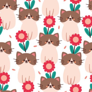 Kusursuz desenli karikatür kedi ve çiçek. Tekstil için sevimli hayvan duvar kağıdı, hediye paketi kağıdı