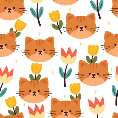 Kusursuz desenli karikatür kedi ve çiçek. Tekstil için sevimli hayvan duvar kağıdı, hediye paketi kağıdı