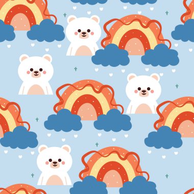 Boho gökkuşağı olan kusursuz desenli çizgi film ayısı. Tekstil için sevimli hayvan duvar kağıdı, hediye paketi kağıdı