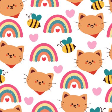 Kusursuz desenli çizgi film kedisi, arı ve gökyüzü elementi. Tekstil için sevimli hayvan duvar kağıdı, hediye paketi kağıdı