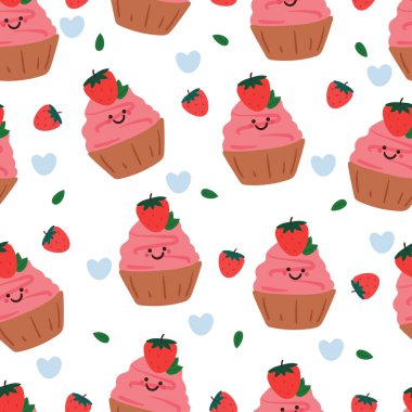 Kusursuz desenli şirin çizgi film çilekli kek. Tatlı şablonu