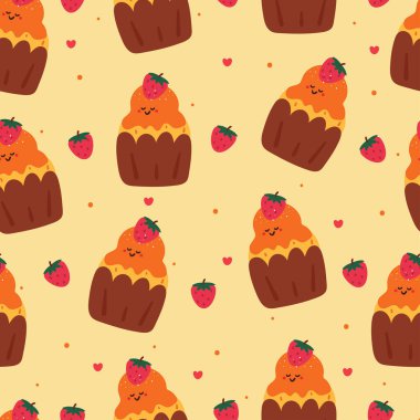 Kusursuz desenli kekler ve çilek. Tekstil için tatlı duvar kağıdı, hediye paketi kağıdı.