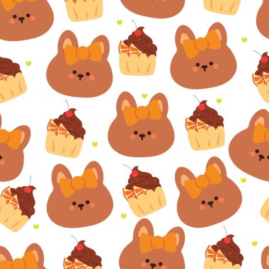 Kekli kusursuz çizgi film tavşanı. Kumaş baskısı için sevimli hayvan duvar kağıdı, hediye paketi kağıdı