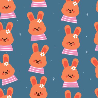 Kusursuz desenli çizgi film tavşanı ve çiçek. Tekstil için sevimli duvar kağıdı, hediye paketi kağıdı