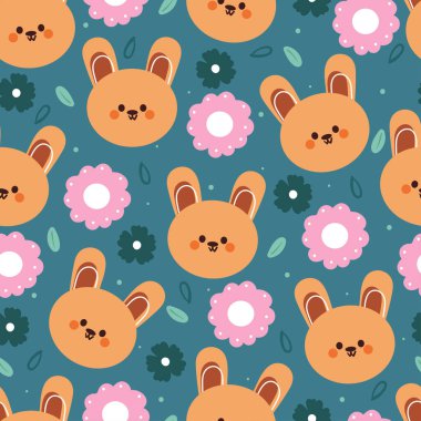 Kusursuz desenli çizgi film tavşanı ve çiçek. Tekstil için sevimli duvar kağıdı, hediye paketi kağıdı