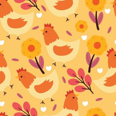 Kusursuz desenli karikatür tavuk ve çiçek. Tekstil için sevimli duvar kağıdı, hediye paketi kağıdı