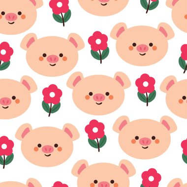 Kusursuz desenli çizgi film domuz ve çiçek. Tekstil için sevimli duvar kağıdı, hediye paketi kağıdı