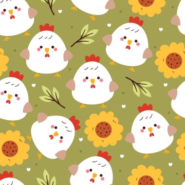 Kusursuz desenli karikatür tavuk ve çiçek. Tekstil için sevimli duvar kağıdı, hediye paketi kağıdı