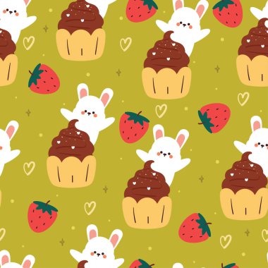 Tatlı kek ve çilekli kusursuz desenli çizgi film tavşanı. Tekstil için sevimli duvar kağıdı, hediye paketi kağıdı