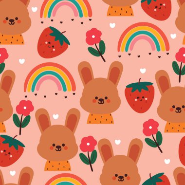 Çiçekli ve gökyüzü elementli kusursuz desenli çizgi film tavşanı. Tekstil için sevimli duvar kağıdı, hediye paketi kağıdı