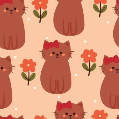 Kusursuz desenli karikatür kedi ve çiçek. Tekstil için sevimli duvar kağıdı, hediye paketi kağıdı