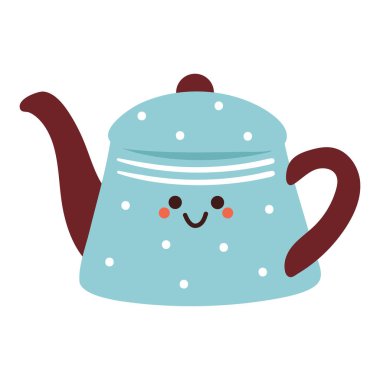 Sevimli çizim mavi çaydanlık karakteri. Çıkartma için sevimli simge