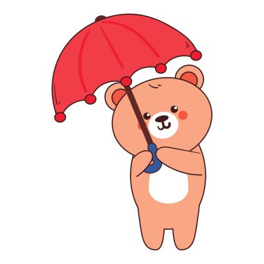 Kırmızı şemsiye tutan el çizimi ayı. Sevimli hayvan çizimi, karalama çıkartması