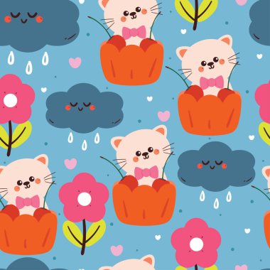 Kekin içinde çiçek ve gökyüzü elementi olan kusursuz çizgi film kedisi. Kumaş baskısı için sevimli duvar kağıdı, hediye paketi kağıdı