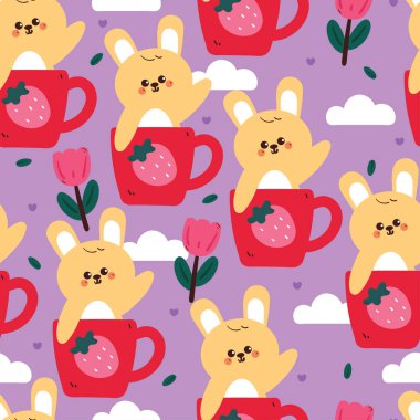 Çiçekli ve bulutlu bir bardağın içinde kusursuz desenli çizgi film tavşanı. Kumaş baskısı için sevimli hayvan duvar kağıdı, hediye paketi kağıdı