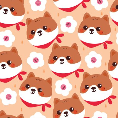 Kusursuz desenli yavru köpek ve çiçek. Kumaş baskısı için sevimli hayvan duvar kağıdı, hediye paketi kağıdı