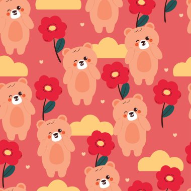 Kusursuz desenli çizgi film ayısı ve çiçek. Kumaş baskısı için güzel hayvan ve çiçek kağıdı, hediye paketi kağıdı.