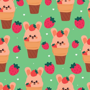 Dondurma külahının içinde kusursuz desenli çizgi film tavşanı. Kumaş baskısı için sevimli duvar kağıdı, hediye paketi kağıdı