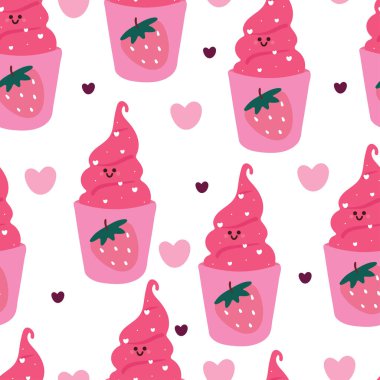 Kusursuz desenli çilekli dondurma. Tekstil için sevimli hayvan duvar kağıdı, hediye paketi kağıdı