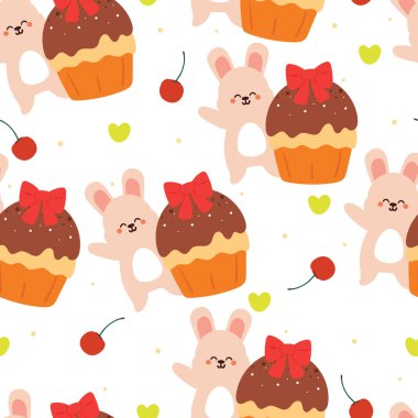 Kusursuz desenli, tatlı tavşanlı kek. hediye paketi kağıdı için sevimli hayvan duvar kağıdı çizimi