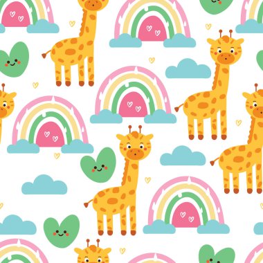 Gökyüzü elementi olan kusursuz desenli zürafa. Tekstil için sevimli hayvan duvar kağıdı, hediye paketi kağıdı