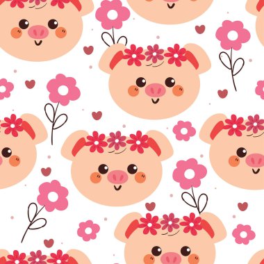 Çiçekli kusursuz desenli çizgi film domuzu. Kumaş baskısı için sevimli duvar kağıdı, hediye paketi kağıdı