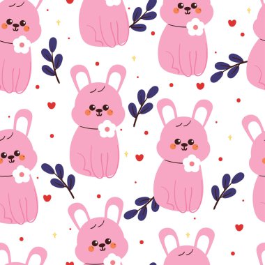 Çiçekli ve yapraklı kusursuz desenli çizgi film tavşanı. Kumaş baskısı için sevimli duvar kağıdı, hediye paketi kağıdı