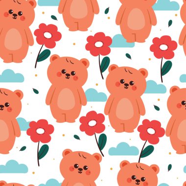 Çiçekli kusursuz desenli çizgi film ayısı. Kumaş baskısı için sevimli duvar kağıdı, hediye paketi kağıdı