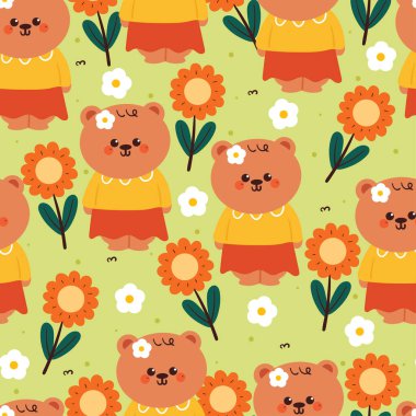 Çiçekli kusursuz desenli çizgi film ayısı. Kumaş baskısı için sevimli duvar kağıdı, hediye paketi kağıdı