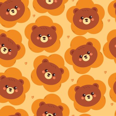 Çiçekli kusursuz desenli çizgi film ayısı. Kumaş baskısı için sevimli duvar kağıdı, hediye paketi kağıdı