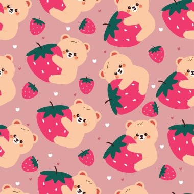 Çilekli kusursuz desenli çizgi film ayısı. Kumaş baskısı için sevimli duvar kağıdı, hediye paketi kağıdı