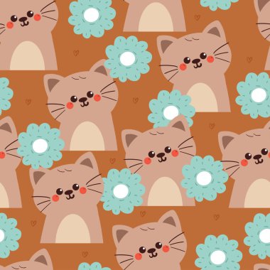 Çiçekli kusursuz desenli çizgi film kedisi. Kumaş baskısı için sevimli hayvan duvar kağıdı, hediye paketi kağıdı