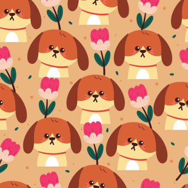 Çiçek ve bitkiyle kusursuz desenli çizgi film köpeği. Kumaş baskısı için sevimli duvar kağıdı, hediye paketi kağıdı