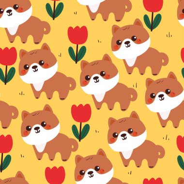 Çiçek ve bitkiyle kusursuz desenli çizgi film köpeği. Kumaş baskısı için sevimli duvar kağıdı, hediye paketi kağıdı