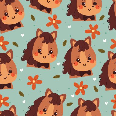 Kusursuz desenli çizgi film atı ve çiçek. Kumaş baskısı için sevimli hayvan duvar kağıdı, hediye paketi kağıdı