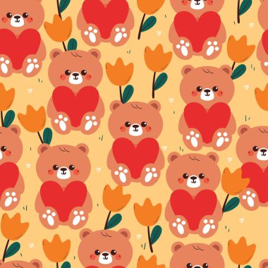 Çiçekli kusursuz desenli çizgi film ayısı. Kumaş baskısı için sevimli duvar kağıdı, hediye paketi kağıdı